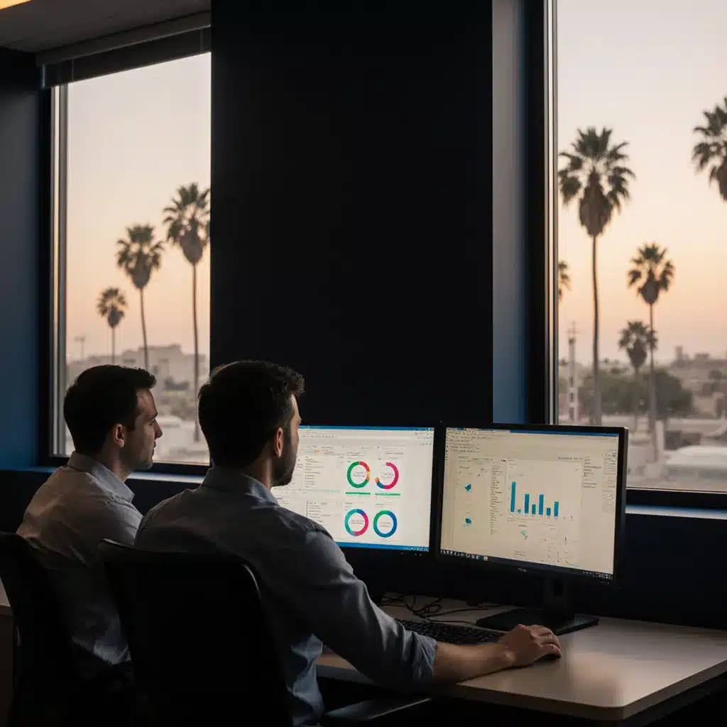 Boom Logic engineers collaborating at a network operations workstation in the company's Los Angeles office