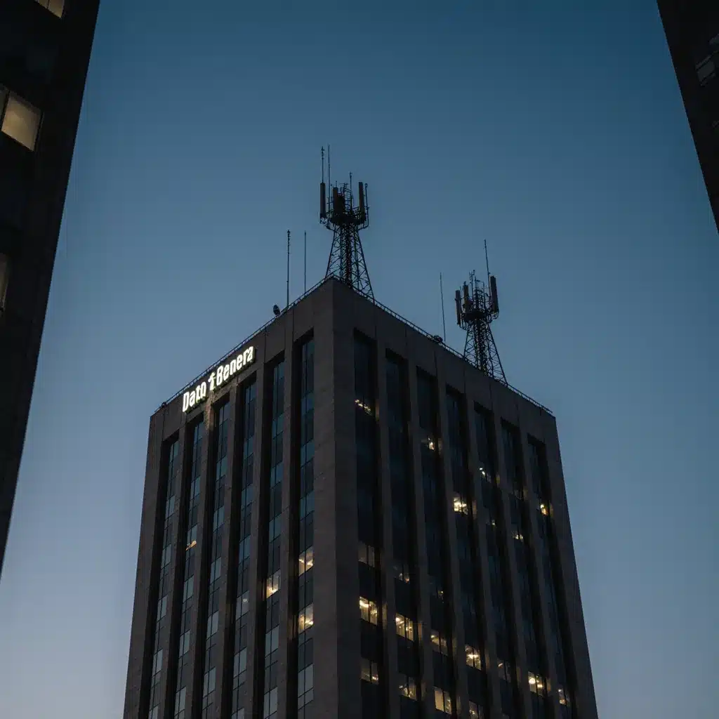 Downtown carrier hotel data center building at dusk