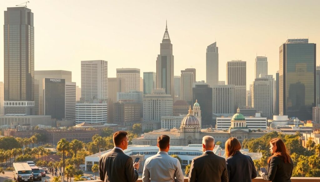 A cityscape of downtown Los Angeles, with towering skyscrapers and a bustling street scene below. In the foreground, a group of professionals in business attire are engaged in a meeting, discussing regulatory compliance and IT governance issues. The mid-ground features a mixture of modern and historical architecture, reflecting the blend of old and new that characterizes the city. The background is bathed in warm, golden light, creating a sense of productivity and professionalism. The overall scene conveys the expertise and attention to detail required to navigate the complex landscape of IT compliance in the Los Angeles area.