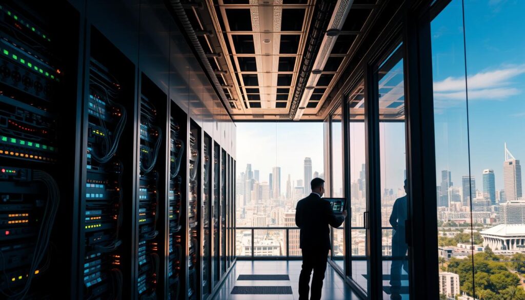 A futuristic data center in the heart of Los Angeles, its sleek facade reflecting the bright California sun. In the foreground, intricate server racks hum with activity, their blinking lights and cooling fans creating a mesmerizing display. The middle ground features a team of cybersecurity experts poring over high-resolution displays, analyzing threat patterns and ensuring the robust protection of sensitive data. In the background, the iconic skyline of the city stretches out, a testament to the thriving technology industry that drives LA's economy. The lighting is sharp and precise, accentuating the clean lines and futuristic design of the data center, while a sense of urgency and purpose permeates the scene, reflecting the critical importance of disaster recovery planning for LA's enterprises.