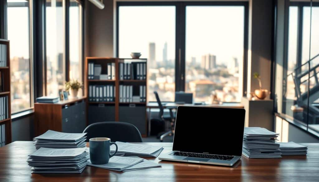 A modern office interior in Pasadena, California, filled with the tools of software licensing management. In the foreground, a desk with a laptop, stacks of documents, and a mug of coffee. Behind it, bookshelves and filing cabinets line the walls, hinting at the organized chaos of software compliance. The lighting is warm and natural, filtering in through large windows that offer a view of the Pasadena cityscape in the distance. The atmosphere is one of focused productivity, where the expertise of Boom Logic's managed IT licensing services helps Pasadena businesses navigate the complexities of software licensing with ease and efficiency.