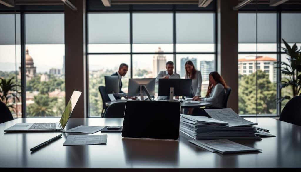 A modern office interior in Pasadena, California, showcasing a suite of software licensing solutions. The foreground features a sleek desk with a laptop, tablet, and various software licenses and documentation neatly arranged. In the middle ground, a team of IT professionals collaborates on optimizing licensing strategies, their faces illuminated by the glow of computer screens. The background depicts the cityscape of Pasadena, with its distinctive architecture and lush greenery visible through large windows, creating a professional yet warm atmosphere. Soft, directional lighting casts subtle shadows, emphasizing the attention to detail and the importance of the licensing services offered. The overall scene conveys a sense of expertise, efficiency, and a commitment to tailored solutions for the Pasadena business community.