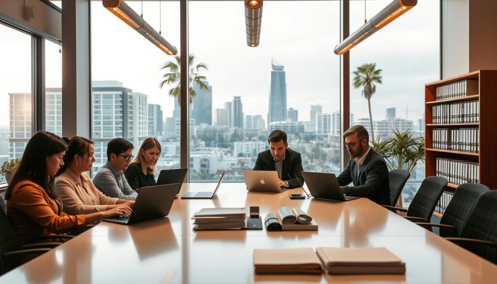 A modern office interior with a large window overlooking the iconic architecture of Pasadena. In the foreground, a team of software licensing specialists are seated around a sleek conference table, intently discussing compliance solutions on their laptops. Warm lighting from overhead fixtures casts a professional glow, while the mid-ground features neatly organized shelves of binders and legal documents. In the background, the cityscape of Pasadena is visible, with its distinctive buildings and palm trees. The atmosphere conveys a sense of expertise, diligence, and a commitment to providing comprehensive compliance services to local industries.