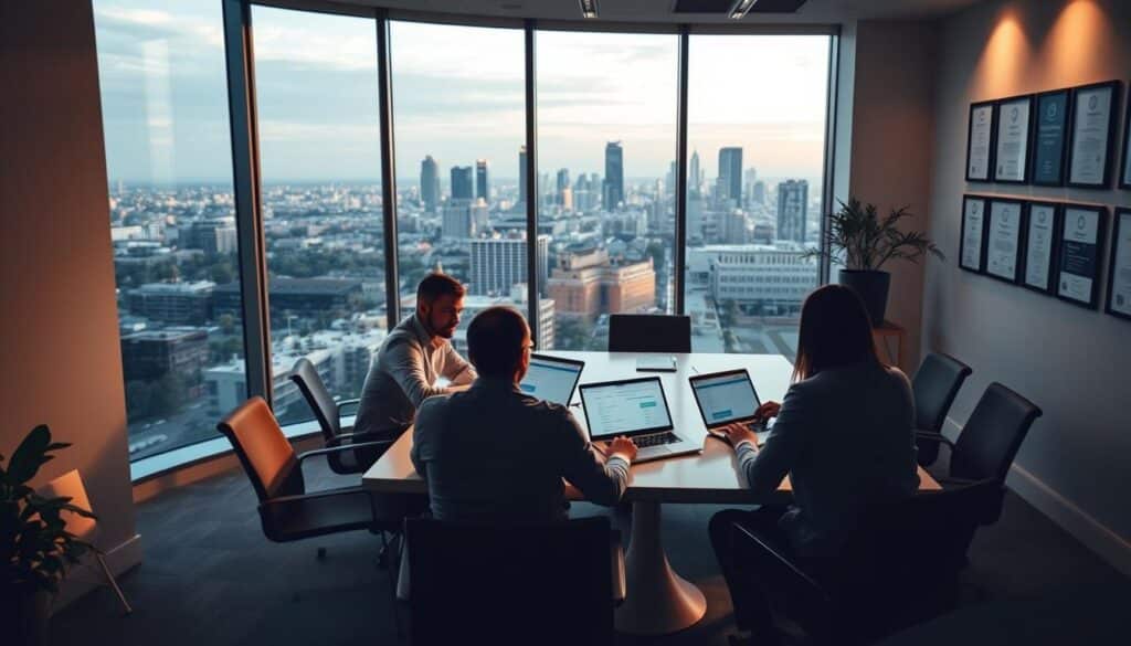 A modern office interior with a panoramic view of the Pasadena skyline through large windows. In the foreground, a team of software licensing professionals is gathered around a conference table, discussing licensing options and strategies on their laptops. Soft, directional lighting illuminates the scene, casting warm shadows and highlighting the collaborative atmosphere. On the walls, framed certificates and awards showcasing the company's expertise in software asset management. The overall mood is professional, yet inviting, conveying the idea of a trusted partner in optimizing software investments.