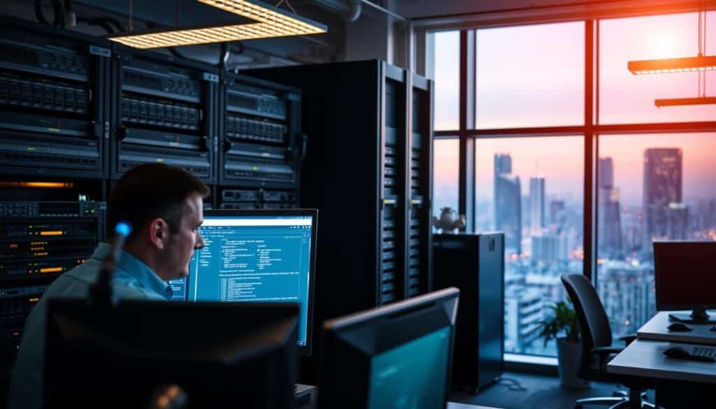 A modern, well-equipped office interior with a focus on IT services. In the foreground, a technician diligently monitors multiple computer screens, their face illuminated by the soft glow of the displays. The middle ground showcases neatly organized server racks and networking equipment, conveying a sense of meticulous management and proactive maintenance. The background features large windows overlooking the vibrant cityscape of Los Angeles, emphasizing the urban, professional setting. The lighting is a mix of warm, indirect office illumination and the natural daylight streaming in, creating a welcoming and productive atmosphere. The overall scene conveys a sense of expertise, efficiency, and dedication to providing exceptional managed IT services.