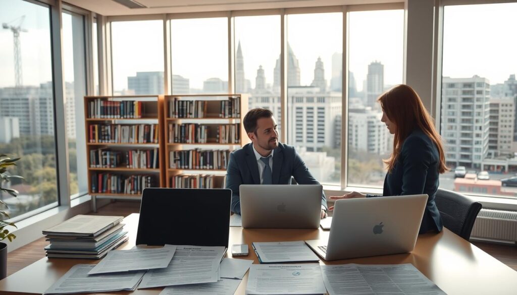 A modern, well-lit office interior with large windows overlooking the Pasadena skyline. In the foreground, a desk adorned with neatly organized software licensing documents, laptops, and a professional-looking person providing consultation. The middle ground features bookshelves filled with industry-relevant publications. The background showcases the iconic architecture of Pasadena, creating a sense of place. The lighting is soft and natural, casting a warm, productive atmosphere. The entire scene conveys expertise, diligence, and a commitment to providing exceptional software licensing services.