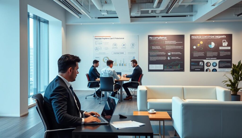 A modern, well-lit office space with sleek, minimalist furniture. In the foreground, a businessperson in a suit sits at a desk, reviewing digital compliance documents on a laptop. The middle ground features a team of professionals collaborating around a conference table, discussing regulatory frameworks. In the background, the walls display informative infographics and charts outlining key compliance requirements for managed IT services in the Los Angeles area. The overall atmosphere conveys a sense of professionalism, organization, and attention to detail in addressing complex regulatory needs.