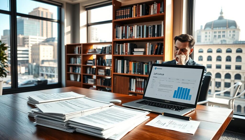 A serene corporate office in Pasadena, with large windows bathing the room in soft, natural light. In the foreground, a wooden desk holds various software licenses and legal documents, neatly organized. A laptop displays a software licensing dashboard, while a professional-looking person in business attire sits thoughtfully, deep in concentration. The middle ground features bookshelves filled with industry-relevant materials, creating an atmosphere of expertise and authority. In the background, the iconic architecture of Pasadena's historic buildings can be seen through the windows, establishing a sense of place. The overall scene conveys a feeling of professionalism, attention to detail, and the importance of effective software license management.