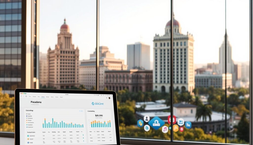 A sleek, modern software licensing dashboard set against the backdrop of Pasadena's vibrant cityscape. In the foreground, a minimalist user interface displays detailed licensing information, with clear visualizations and intuitive controls. The middle ground features a stylized 3D rendering of software application icons, conveying the breadth of Boom Logic's licensing solutions. In the background, the iconic architecture of Pasadena's historic buildings is visible through large, panoramic windows, bathed in warm, natural lighting. The overall scene radiates a sense of efficiency, professionalism, and the seamless integration of technology into the local business environment.