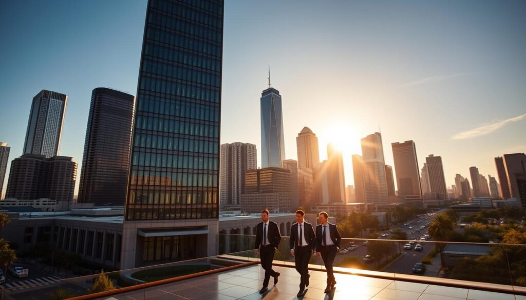 A sun-drenched skyline of downtown Los Angeles, with iconic skyscrapers and corporate towers casting long shadows across the bustling streets below. In the foreground, a sleek, modern office building emblazoned with the logo of a leading managed IT services provider. Employees in business attire stride purposefully through the lobby, conveying a sense of professionalism and compliance. The image is bathed in warm, golden light, creating a polished, sophisticated atmosphere that reflects the high standards of the regulated industries served by this IT service. The scene is captured through a wide-angle lens, emphasizing the scale and grandeur of the urban landscape while highlighting the central role of the managed IT provider in supporting the operations of this thriving business district.