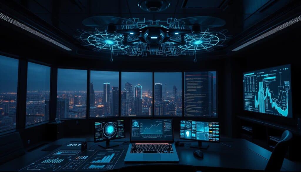 A dark, high-tech cybersecurity command center, with a panoramic view of a futuristic city skyline visible through large windows. In the foreground, a desk with multiple holographic displays showcasing AI-powered analytics, threat detection algorithms, and real-time network monitoring. Floating above the desk, sleek cybersecurity drones equipped with advanced sensors and defensive capabilities. The lighting is a moody mix of blues and greens, creating an intense, serious atmosphere. In the background, a massive wall-mounted screen displays a stylized representation of the data flows and threats being analyzed by the AI-driven systems.
