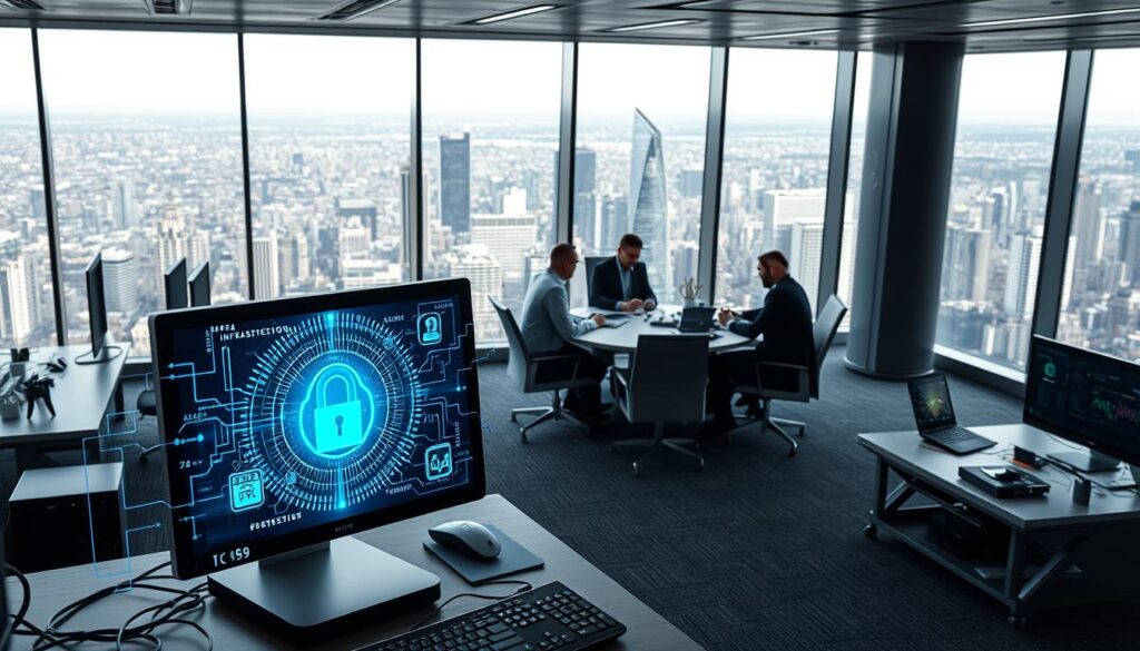 A high-tech office interior with sleek, modern furniture and an array of digital devices. In the foreground, a desktop computer with a holographic display showcasing intricate data security protocols, protected by biometric authentication and multi-layered encryption. In the middle ground, a team of IT professionals collaborating around a conference table, discussing network infrastructure and cybersecurity strategies. The background features a panoramic view of a bustling city skyline, emphasizing the importance of data privacy in the digital age. Soft, directional lighting creates a sense of professionalism and attention to detail, while the overall atmosphere conveys a commitment to safeguarding sensitive information.