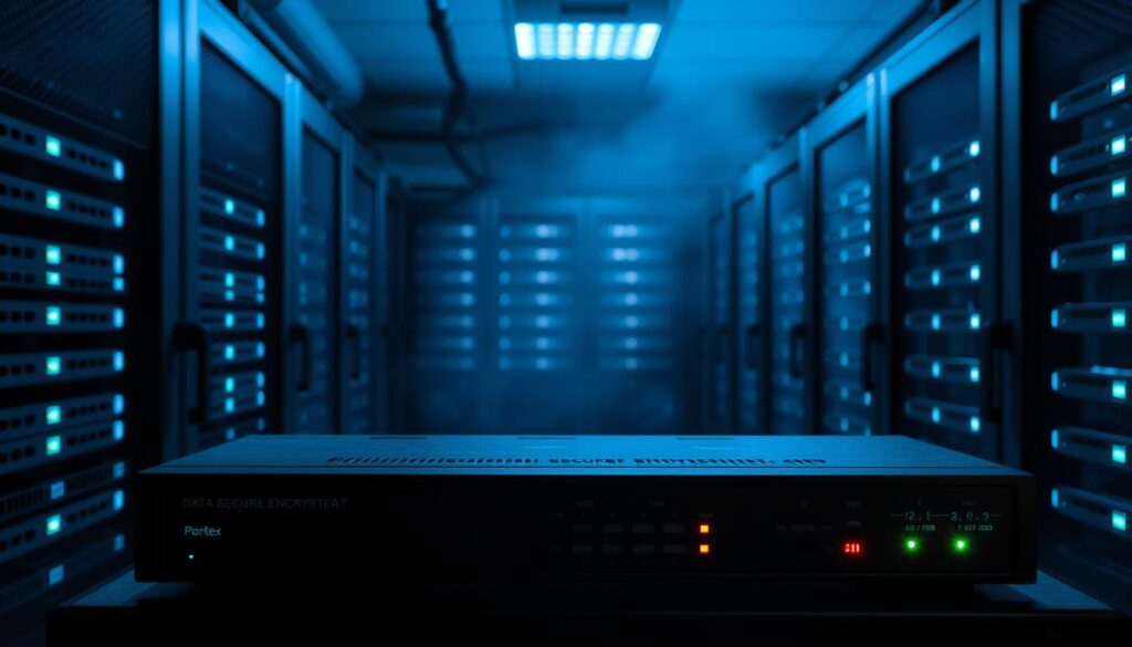 A server room with rows of sleek, state-of-the-art data storage racks, each housing secure encrypted drives. The room is dimly lit, with a cool, blue-tinted lighting that casts long shadows, conveying a sense of privacy and data protection. In the foreground, a network switch and router sit atop a console, their blinking lights symbolizing the constant flow of data through secure protocols. The background is filled with a subtle haze, adding depth and a subtle sense of mystery to the scene. The overall atmosphere is one of technological sophistication and unwavering data security.