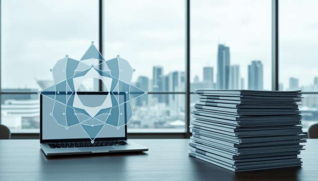 A sleek, modern corporate office setting with large windows and minimalist decor. In the foreground, a stylized visualization of compliance frameworks, represented by interlocking geometric shapes and lines in muted tones of blue, gray, and white. The middle ground features a laptop displaying compliance reports and regulatory documents, surrounded by stacks of neatly organized binders. The background showcases a city skyline, hinting at the broader legal and business landscape. The lighting is soft and even, creating a professional and authoritative atmosphere. The overall composition conveys a sense of order, control, and adherence to industry standards.