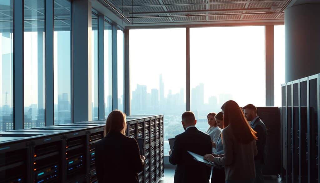 A sleek, modern office interior in Los Angeles, flooded with natural light from large windows. In the foreground, a group of professionals discussing data security protocols on their laptops, faces focused and engaged. The middle ground features rows of server racks, their LED lights blinking, conveying the sense of secure data infrastructure. In the background, the iconic skyline of Los Angeles is visible, hinting at the scale and importance of data security for businesses in this thriving metropolitan area. The overall mood is one of professionalism, technological sophistication, and a commitment to safeguarding sensitive information.