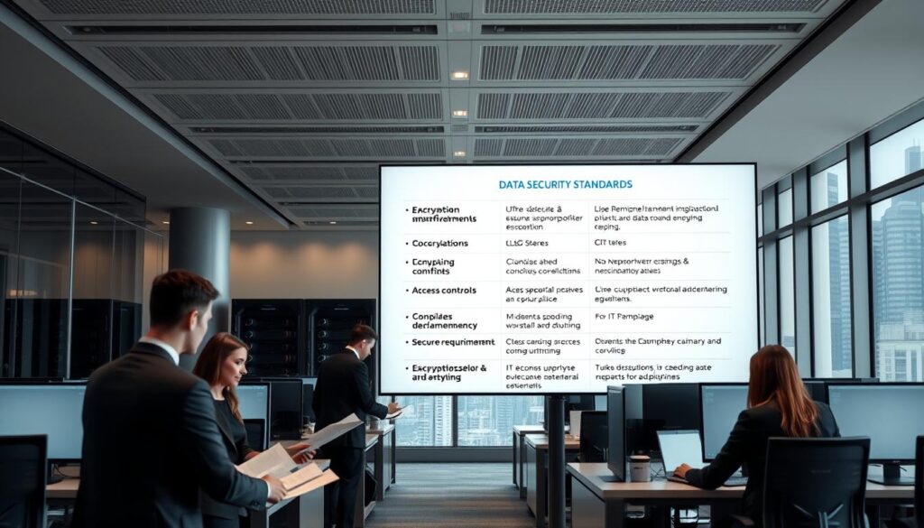A sleek, modern office interior with rows of desks and computers. In the foreground, a group of professionals in business attire reviewing documents and discussing data security protocols. A large monitor displays vendor security standards, outlining encryption, access controls, and compliance requirements. Soft, diffused lighting creates a professional, focused atmosphere. The middle ground features a secure server rack, highlighting the importance of robust IT infrastructure. In the background, floor-to-ceiling windows offer a cityscape view, reinforcing the corporate setting. An air of diligence and attention to detail pervades the scene, reflecting the care taken to establish clear vendor relationships.