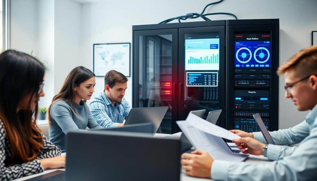 A well-lit office setting with employees diligently working on their laptops, surrounded by a clean, organized workspace. In the foreground, a group of colleagues review data reports and spreadsheets, their expressions focused and attentive. In the middle ground, a secure server cabinet stands, its blinking lights and ventilation fans suggesting the reliable storage and processing of sensitive client information. The background features a wall-mounted display showcasing a data visualization dashboard, providing insights into the company's data handling procedures. The overall scene conveys a sense of professionalism, attention to detail, and a commitment to maintaining the privacy and security of client data.