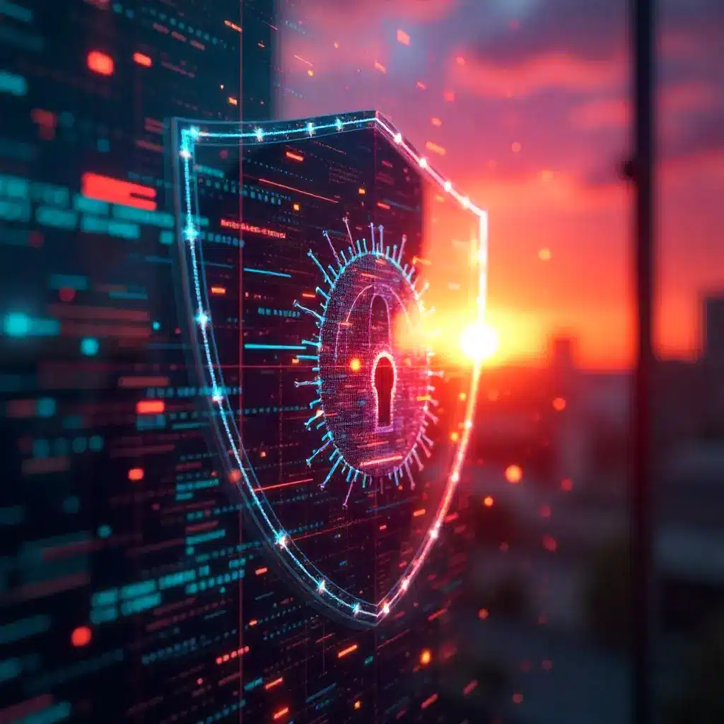 Modern business cybersecurity dashboard showing network security monitoring, threat detection alerts, and data protection metrics on multiple screens