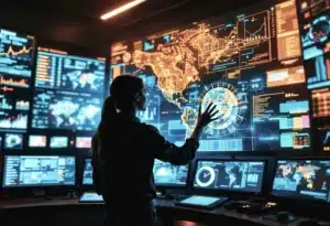 Essential cybersecurity services dashboard showing network security monitoring, endpoint protection, and threat detection systems for comprehensive business protection