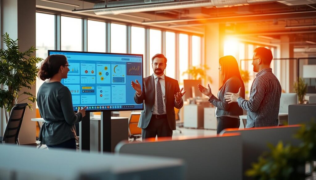 A bustling office environment, bathed in warm, natural lighting pouring through large windows. In the foreground, a team of professionals engaged in a lively discussion, gesturing animatedly as they strategize over a project plan displayed on a sleek touchscreen monitor. The middle ground features a manager orchestrating the flow of work, guiding their team with a hands-on, proactive approach. In the background, subtle details of the workspace come into focus - ergonomic furniture, state-of-the-art technology, and a sense of collaborative energy permeating the space. The overall atmosphere conveys a well-oiled, proactive management style that empowers the team to tackle challenges head-on.