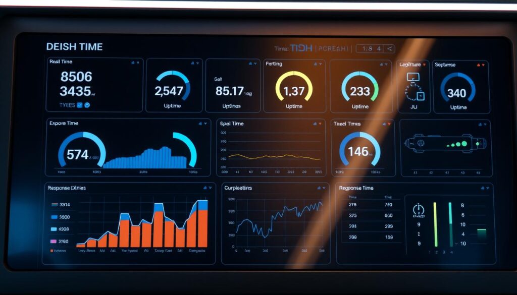 A high-tech control panel with a sleek, minimalist design. The screen displays real-time metrics for SLA uptime and response times, presented in a clear and informative manner. The dashboard is backlit with a soft, ambient glow, creating a sense of precision and professionalism. The layout is organized and intuitive, with carefully chosen color schemes and iconography that convey the importance of service-level agreements. The overall atmosphere is one of confidence and reliability, suggesting that this system is the backbone of a well-managed IT infrastructure.