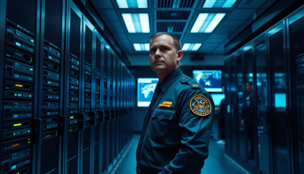 A highly detailed, cinematic image of a secure data center, with a focus on security and compliance. The foreground shows an array of professional-grade servers and networking equipment, with a sense of technical precision and cutting-edge design. The middle ground features a security guard standing vigilantly, their uniform crisp and their expression serious, conveying a strong sense of protection and oversight. In the background, a sleek, modern control room is visible, with various monitoring screens and security systems in operation. The lighting is a cool, blue-tinted palette, creating a sense of high-tech sophistication. The overall atmosphere is one of advanced security, robust data protection, and unwavering compliance.