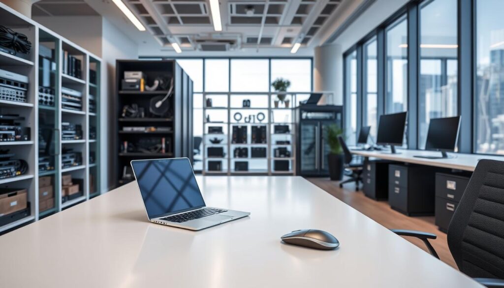 A modern office interior with a focus on managed IT services. In the foreground, a sleek, minimalist desk setup with a laptop, tablet, and wireless mouse, surrounded by crisp, clean lines and sleek, metallic accents. In the middle ground, shelves and cabinets filled with neatly organized hardware, cables, and networking equipment, reflecting the organized and efficient nature of managed IT services. The background features large, floor-to-ceiling windows, allowing natural light to flood the space and creating a sense of openness and transparency. The overall atmosphere is one of professionalism, technology, and attention to detail, conveying the value and importance of managed IT services.