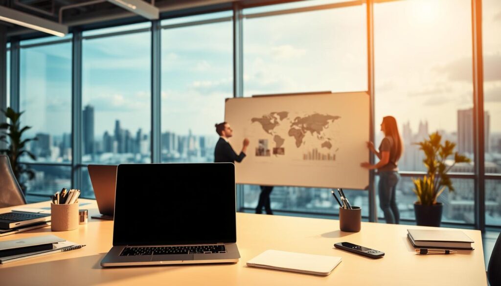 A modern office setting with a focus on managed IT services. In the foreground, a neatly organized desk with a laptop, smartphone, and various office supplies, all in a minimalist, clean design. The middle ground features a team of professionals collaboratively discussing technical solutions on a large whiteboard, their expressions conveying a sense of expertise and problem-solving. The background showcases a panoramic view of a city skyline, symbolizing the global reach and scalability of managed IT services. The lighting is warm and inviting, creating a professional yet approachable atmosphere. The overall composition emphasizes the seamless integration of technology, people, and business objectives in the modern managed services landscape.