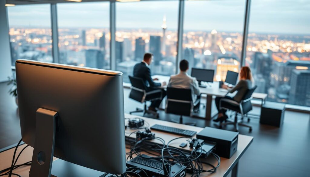 A modern office setting with a focus on managed IT services. In the foreground, a sleek desktop computer with a minimalist design, surrounded by various networking devices and cables. The middle ground features a team of IT professionals collaborating around a large conference table, engaged in a discussion about system optimization. The background showcases a panoramic view of a bustling city skyline, illuminated by warm, soft lighting that creates a sense of productivity and professionalism. The overall atmosphere conveys the efficiency, reliability, and expertise associated with managed IT services.