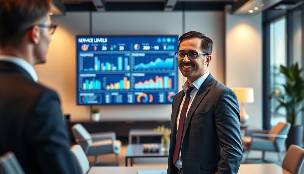 A modern office setting with a large display screen showcasing a comprehensive service levels reporting dashboard. The screen is illuminated by soft, warm lighting, creating a professional and trustworthy atmosphere. In the foreground, a well-dressed business executive is reviewing the dashboard, their expression conveying a sense of confidence and transparency. The middle ground features sleek, minimalist office furniture and decor, emphasizing the attention to detail and high-quality standards. The background subtly blurs, putting the focus on the central reporting system and the executive's interaction with it.