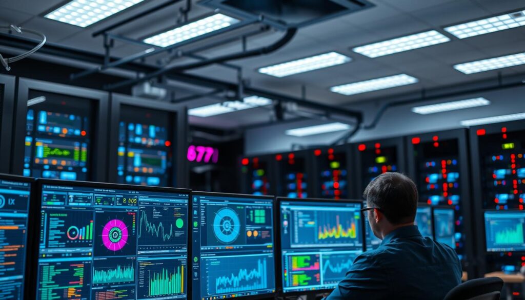 A modern server room with a network operations center in the foreground. Technicians intently monitoring multiple screens displaying real-time system metrics and performance data. Colorful visualizations, graphs, and alert dashboards provide a comprehensive view of the IT infrastructure. In the background, rows of server racks with blinking lights and a subtle hum. Overhead, bright LED lighting casts a warm, focused glow on the workspace. A sense of proactive vigilance and technical mastery pervades the scene, reflecting the seamless management of complex, mission-critical systems.