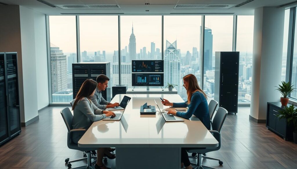 A modern, well-lit office interior showcasing the core business benefits of IT managed services. In the foreground, a team of professionals collaborating around a sleek conference table, laptops and tablets in hand, demonstrating seamless workflow and productivity. The middle ground features servers, networking equipment, and a centralized control panel, symbolizing the robust infrastructure and 24/7 support. The background depicts a panoramic city skyline through large windows, conveying a sense of scale, security, and global connectivity. Soft, warm lighting and muted color tones create a professional, yet inviting atmosphere.