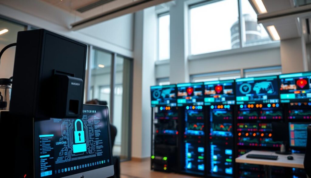 A secure, well-lit office interior with a focus on cybersecurity. In the foreground, a desktop computer with a secure login screen, guarded by an imposing biometric security system. In the middle ground, a network rack with blinking lights, surrounded by an array of monitoring screens displaying threat analytics. The background features sleek, minimalist architecture with large windows, allowing natural light to flood the space. A pervasive sense of digital protection and professionalism pervades the scene, reflecting a "security first" approach to managed IT services.