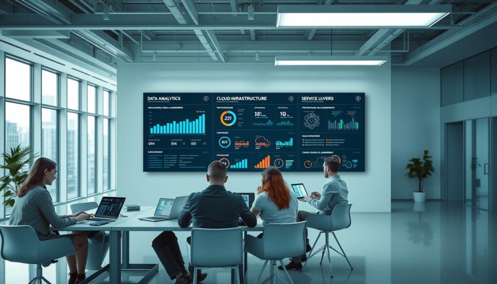 A sleek, modern office setting with a team of professionals collaborating on IT managed services. In the foreground, a group of people gathered around a table, discussing data analytics and cloud infrastructure on their laptops and devices. The middle ground features a large, wall-mounted display showcasing key performance metrics and service level agreements. The background features an open, airy workspace with floor-to-ceiling windows, ample natural lighting, and a minimalist, streamlined design. The overall atmosphere conveys efficiency, productivity, and a sense of technological mastery.