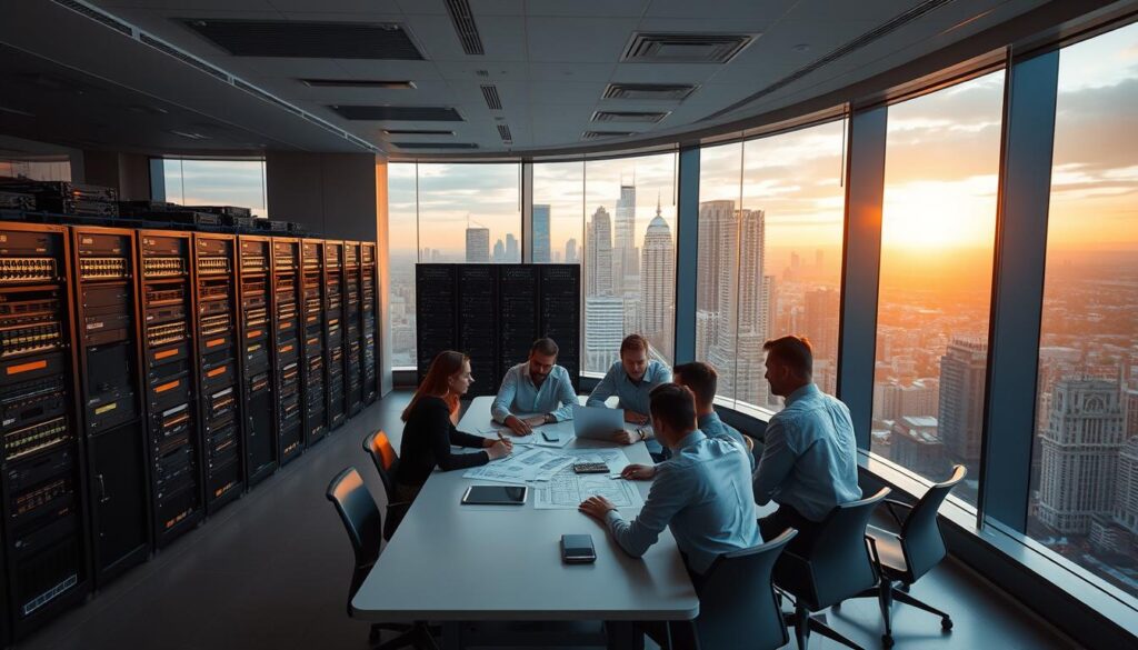 A sleek, modern office space with a large glass window overlooking a bustling cityscape. In the foreground, a team of IT professionals gathered around a conference table, intently discussing technical diagrams and schematics. The mid-ground features an array of servers, routers, and networking equipment, all neatly organized and maintained. The background showcases a panoramic view of the city skyline, illuminated by the warm glow of the setting sun, creating a calming and professional atmosphere. The lighting is soft and indirect, casting subtle shadows that accentuate the clean, minimalist design. The overall scene conveys the expertise, efficiency, and dependability of an IT managed services provider.