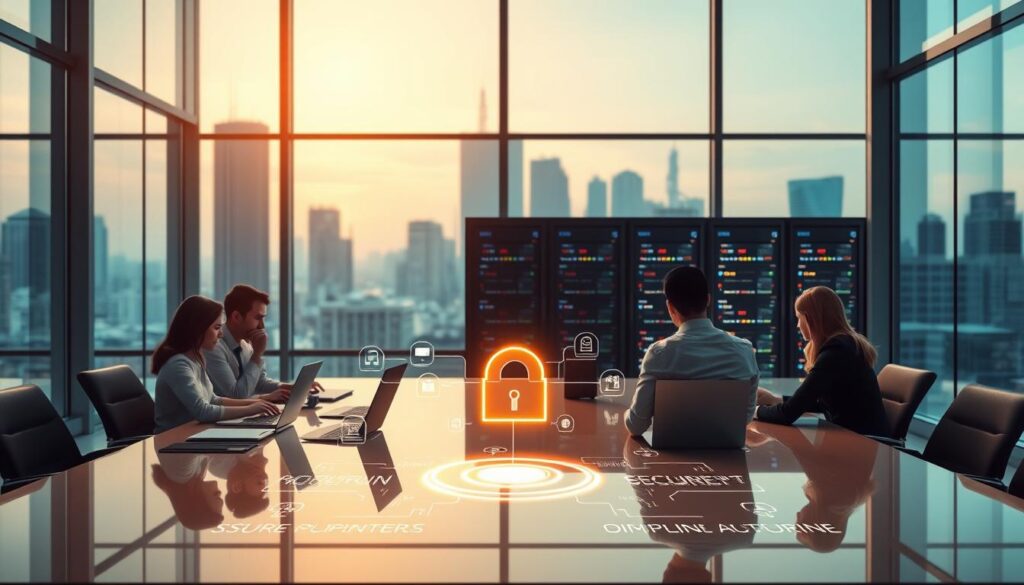 A sleek, modern office with floor-to-ceiling windows bathed in warm, diffused lighting. In the foreground, a team of professionals gathered around a polished conference table, deep in discussion. Laptops, tablets, and holographic displays showcase detailed security protocols and compliance guidelines. The middle ground features a stylized data center, its servers and racks neatly organized, with a glowing, secure network infrastructure. In the background, a cityscape skyline reflects the progressive, forward-thinking nature of the organization. The atmosphere conveys a sense of professionalism, transparency, and a commitment to safeguarding sensitive information.