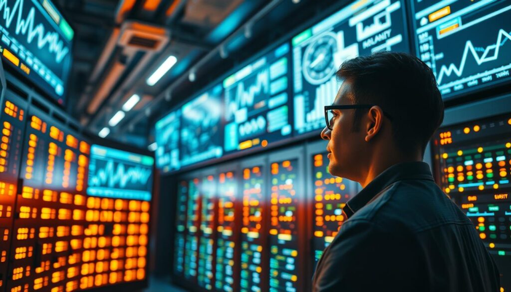 A vast, modern data center filled with rows of blinking servers and glowing panels, casting a warm, industrial glow. In the foreground, a lone IT professional intently monitoring multiple screens, their face illuminated by the digital displays. The background features complex diagrams, graphs, and real-time analytics, conveying a sense of continuous, 24/7 vigilance and control. Bright LED lights pulse rhythmically, and the faint hum of cooling fans creates an atmosphere of unwavering technology and uninterrupted service. The scene exudes a sense of professionalism, expertise, and the critical role of an MSP in ensuring the smooth, reliable operation of a company's vital IT infrastructure.