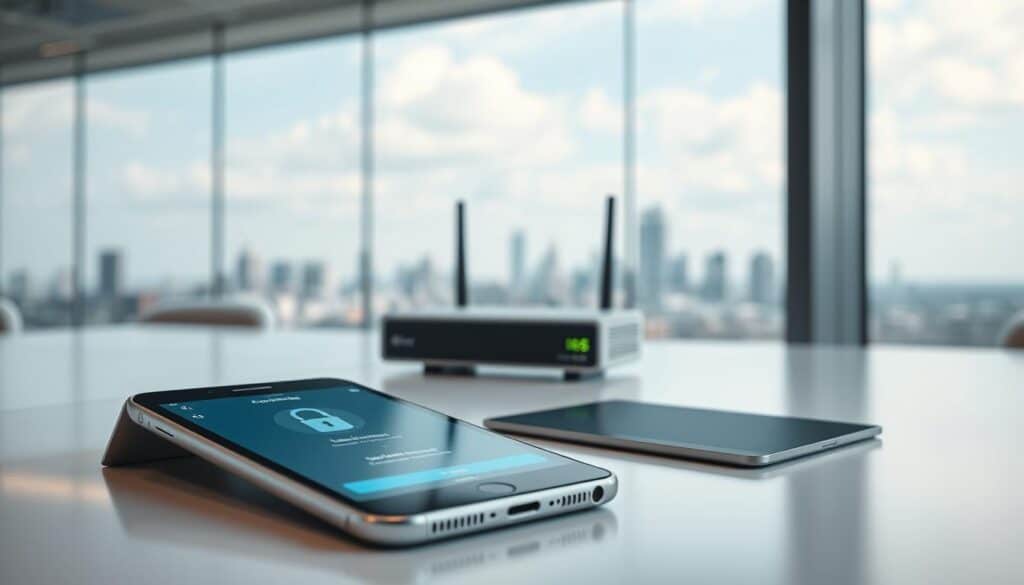 A well-lit, high-resolution image of a modern office workspace, with a focus on secure mobile devices. In the foreground, a sleek, silver smartphone and tablet sit on a clean, minimalist desk, their screens displaying secure authentication interfaces. In the middle ground, a network router and firewall devices are visible, suggesting robust cybersecurity measures. The background features a panoramic view of a city skyline, hinting at the mobility and flexibility of the enterprise. Subtle lighting and depth of field create a sense of professionalism and attention to detail, conveying the importance of managing mobile devices securely in a dynamic business environment.