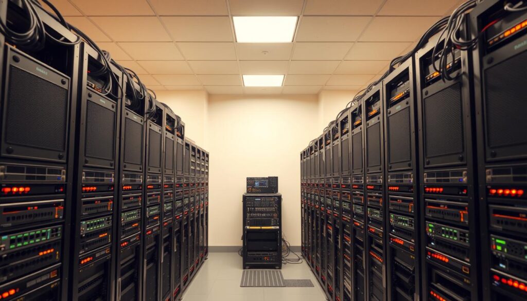 A well-organized systems inventory, captured in a clean, well-lit studio setup. Rows of neatly arranged server racks, network switches, and IT equipment fill the frame, their sleek designs and blinking status lights conveying a sense of order and functionality. The scene is shot from an elevated angle, providing a comprehensive overview of the hardware and cabling. Warm, neutral lighting casts gentle shadows, emphasizing the depth and texture of the components. The background is a muted, uncluttered space, allowing the systems to be the sole focus of attention, conveying the importance of a thorough assessment of one's current IT infrastructure.
