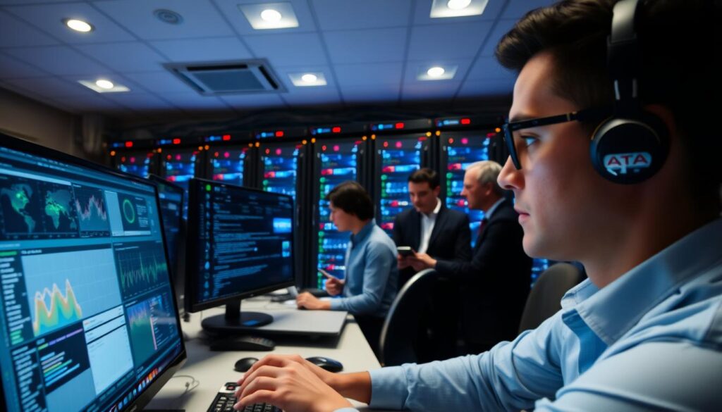 An office interior with a team of IT professionals closely monitoring multiple screens displaying real-time data and network analytics. The scene is bathed in a soft, ambient glow from recessed lighting, creating a focused, technical atmosphere. In the foreground, a technician is intently examining a detailed dashboard, their hands poised over a sleek, modern keyboard. In the middle ground, colleagues confer over a large, high-resolution display, discussing strategies for optimizing system performance. The background features a wall of server racks, blinking lights, and cables, conveying the scale and complexity of the managed IT infrastructure.