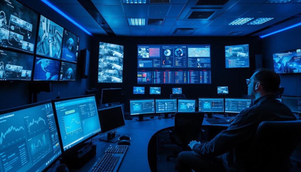 Monitoring: A surveillance control room with multiple high-resolution monitors displaying real-time data analytics, security camera feeds, and network activity. The room is dimly lit, with a cool blue-toned lighting scheme illuminating the space. In the foreground, a technician sits at a curved workstation, intently focused on the screens, hands poised over a keyboard and trackpad. The middle ground features rows of additional monitors, each displaying different types of information. In the background, a large central display shows a comprehensive dashboard, providing an overview of the entire IT infrastructure. The atmosphere is one of diligence, vigilance, and the constant pursuit of system optimization and security.