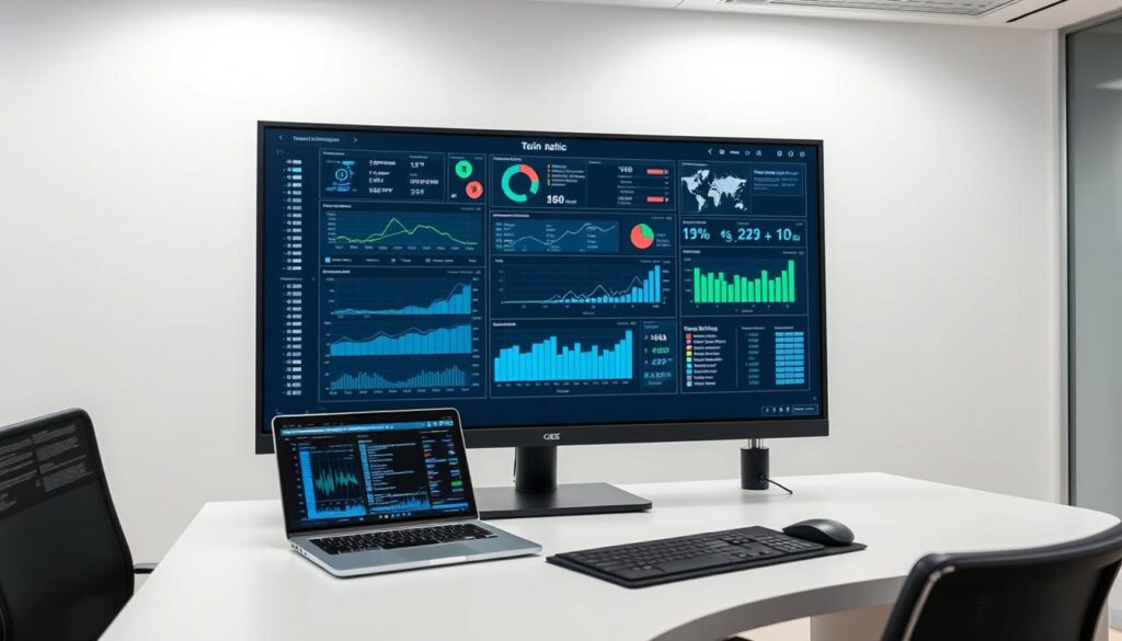 a high-tech office environment with a large monitor displaying real-time data and metrics related to remote IT systems management, with a sleek and modern desk setup featuring a laptop, keyboard, and mouse, all in a well-lit, minimalist space with clean lines and neutral tones, creating a sense of efficiency and professionalism, capturing the essence of remote monitoring and management (RMM) in the context of IT managed services.