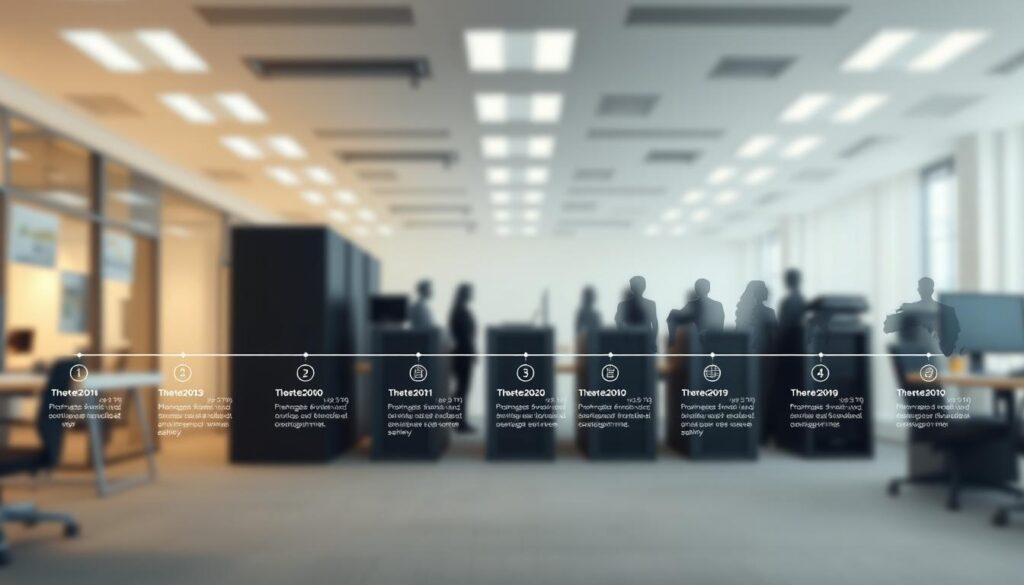 a photorealistic image of a timeline displaying the brief history of managed services, with a clean minimalist design. The timeline stretches across the middle ground, with a soft focus background of office spaces, servers, and technology silhouettes. The timeline elements are cleanly designed with simple icons and dates, conveying the key milestones in the evolution of managed services. The lighting is natural and diffused, creating a sense of professionalism and authority. The camera angle is slightly elevated, providing a broad perspective on the timeline and its surrounding context. The overall mood is informative, authoritative, and forward-looking, reflecting the significance of managed services in the IT industry.