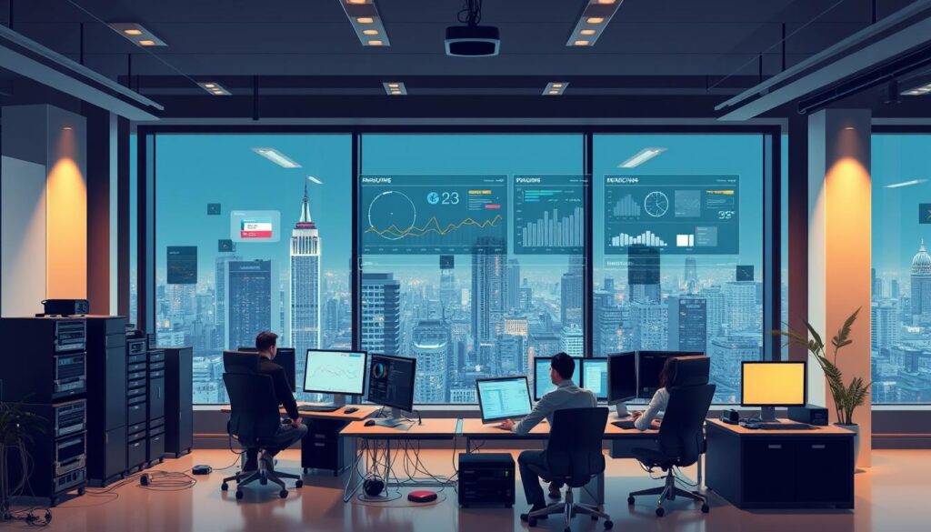 a professional, highly detailed illustration of "what is it managed services", featuring a modern, sleek office setting with a focus on technology and IT infrastructure management. The foreground depicts a team of IT professionals collaborating on a project, surrounded by various hardware components, networking equipment, and software interfaces. The middle ground showcases a comprehensive dashboard displaying real-time data, analytics, and performance metrics, highlighting the comprehensive monitoring and management capabilities of IT managed services. In the background, a large window overlooking a bustling cityscape creates a sense of scale and connectivity, emphasizing the global reach and impact of managed IT services. The scene is illuminated by warm, indirect lighting, conveying a sense of professionalism, efficiency, and technological sophistication.