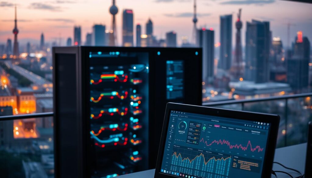 a remote monitoring system with a workstation in the foreground, displaying a dashboard of real-time data from various sensors and devices. In the middle ground, a server rack with blinking lights and cables, representing the backend infrastructure powering the monitoring system. In the background, a cityscape with skyscrapers and communication towers, symbolizing the connected nature of modern IoT and cloud-based monitoring solutions. The lighting is a mix of cool tones from the workstation display and warm tones from ambient lighting, creating a subtle, professional atmosphere. The camera angle is slightly elevated, giving a sense of oversight and control over the remote monitoring environment.