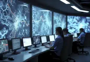 Professional cybersecurity team monitoring multiple screens with network security dashboards, threat detection alerts, and real-time data analysis in modern security operations center
