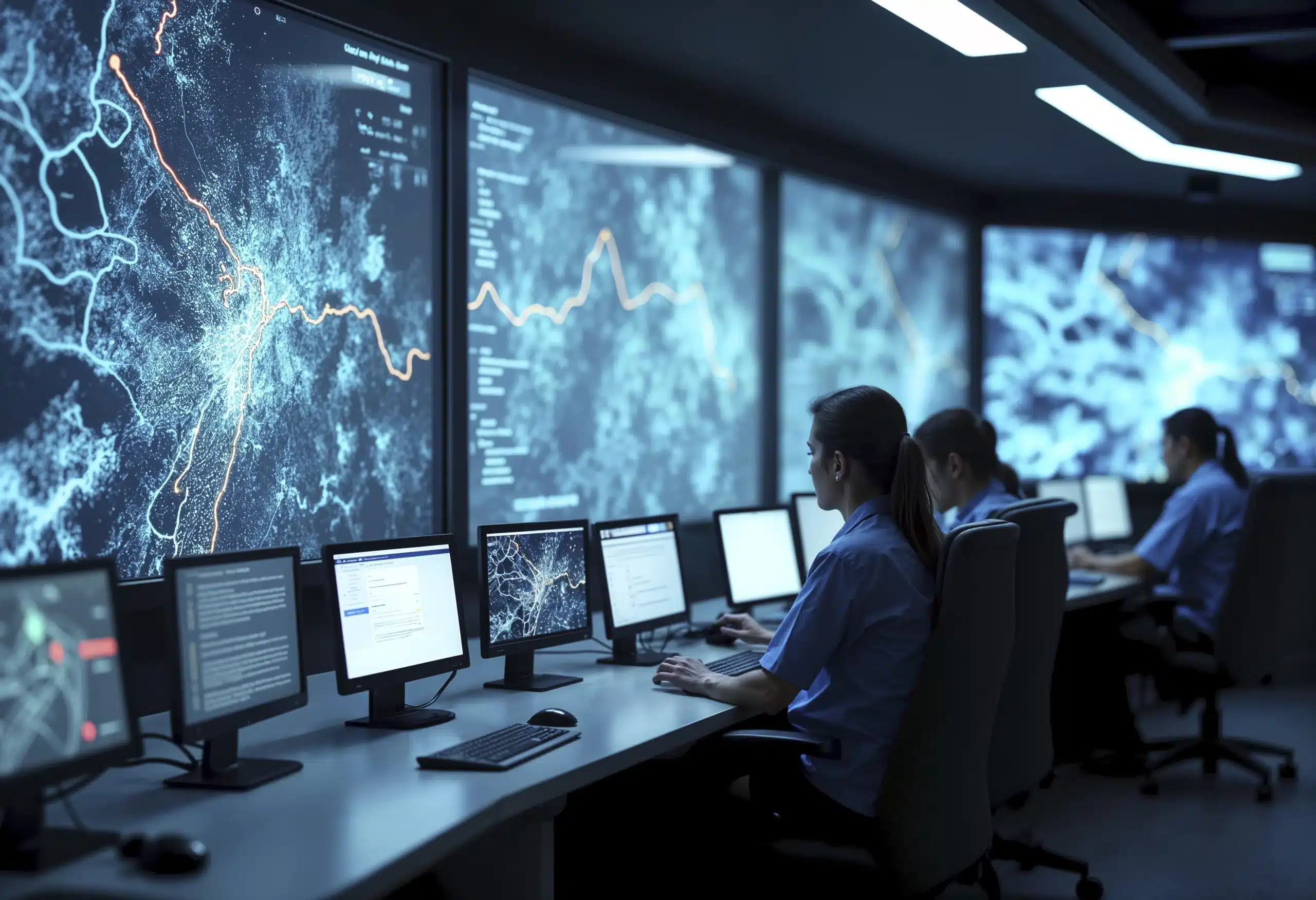 Professional cybersecurity team monitoring multiple screens with network security dashboards, threat detection alerts, and real-time data analysis in modern security operations center