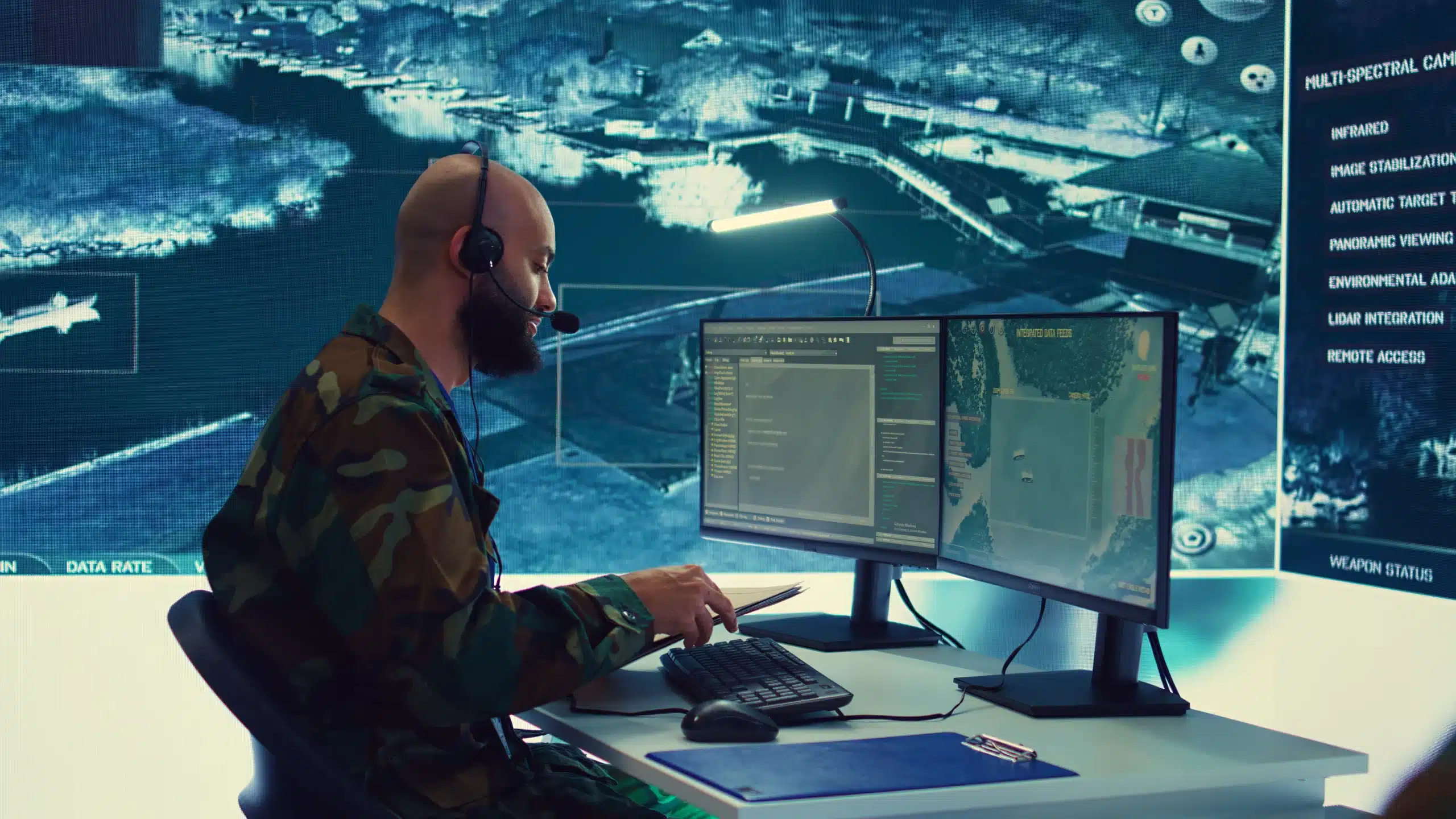 Modern cybersecurity professionals monitoring multiple security dashboards and threat detection systems in a Security Operations Center (SOC) environment