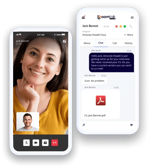 Mobile phone screen displaying a live video call alongside a chat conversation with a shared PDF document, demonstrating a comprehensive unified cloud communications platform.