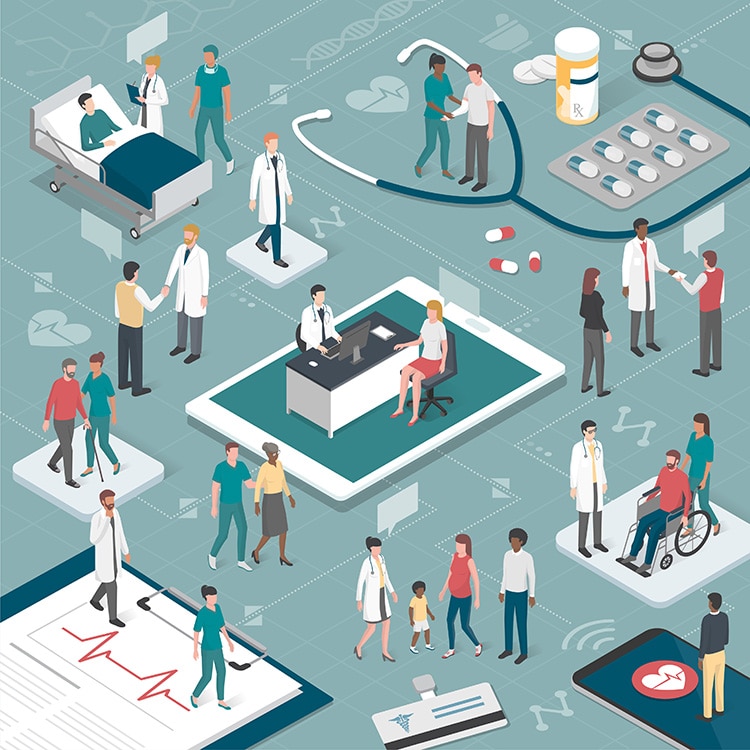 Isometric illustration showcasing various healthcare scenarios including doctors, patients, medical equipment, and digital health records, all supported by robust healthcare IT managed services.